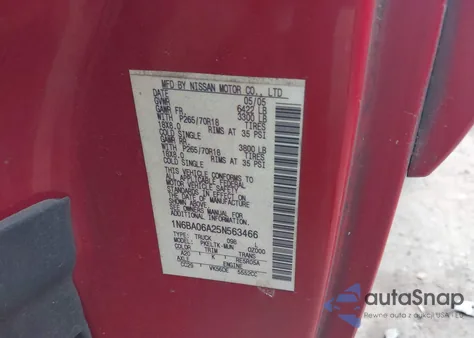 2005 Nissan Titan Se z USA, uszkodzony, nr VIN 1N6BA06A25N563466